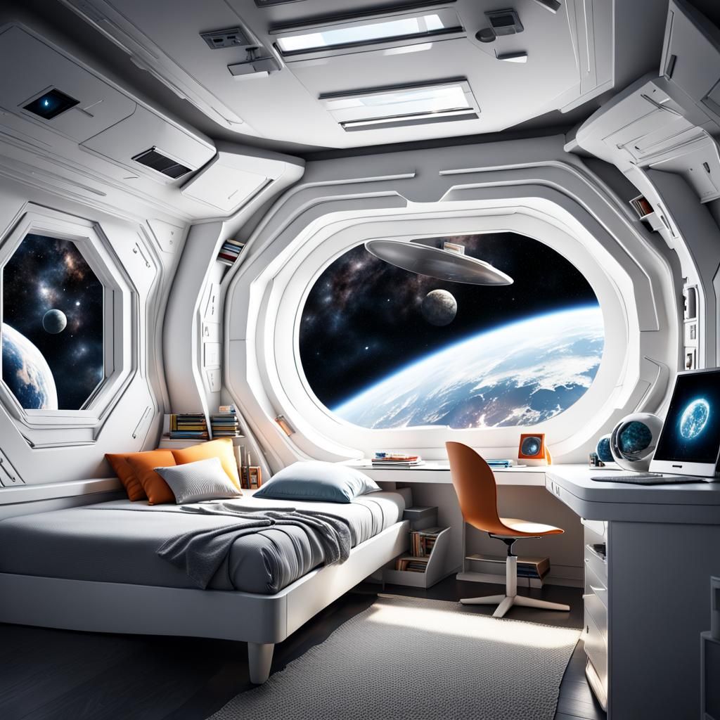 modern white spaceship bedroom with a bunkbed desk and a vie...