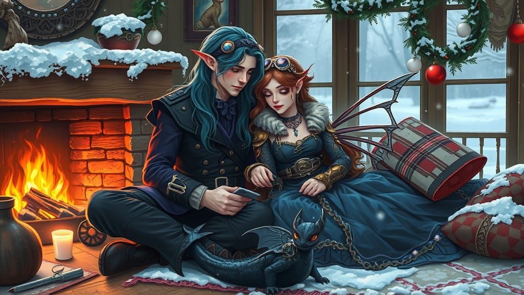 In their cozy retreat as the snow softly falls,
A half-elf, half-fairy, answers winter’s call.
With long blue waves and a gothic charm,
He h...