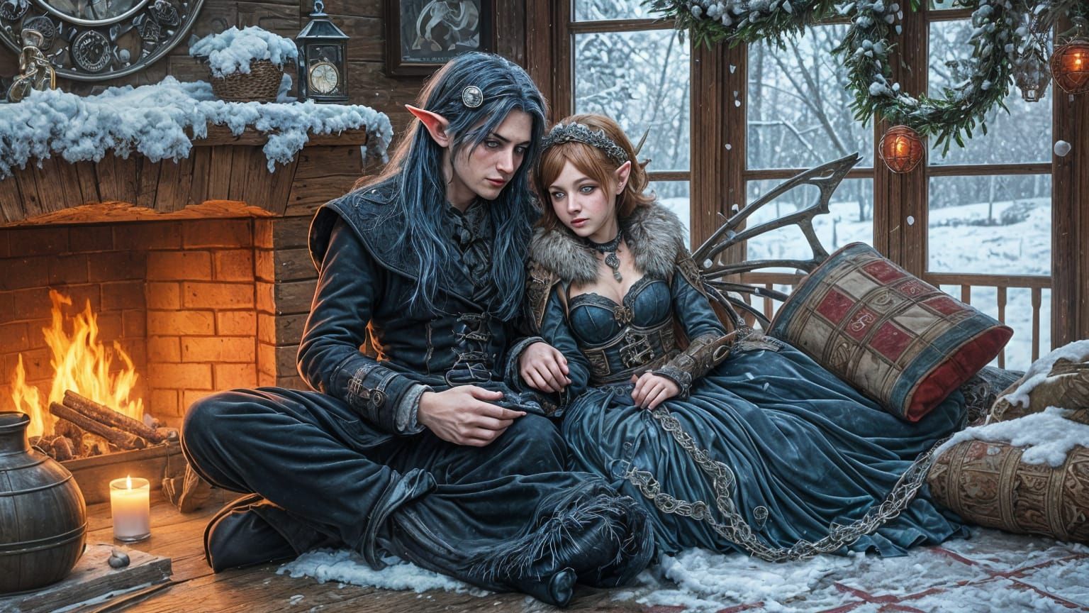 In their cozy retreat as the snow softly falls,
A half-elf, ...