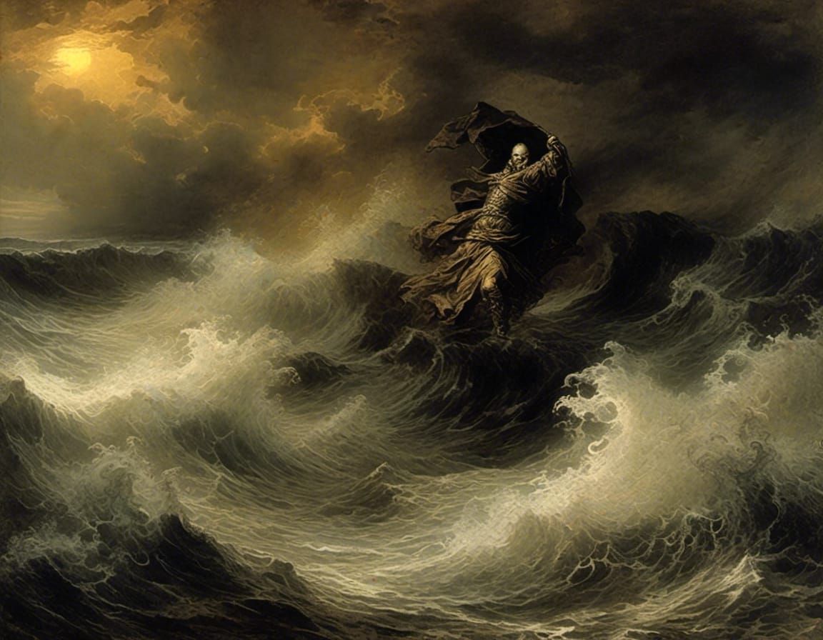 "Windswept Seas Drenched in Tarnished Copper on Black on Blood", Gorgeous <lora:Broken:0.7> , Intricately Designed, Dramatic Lighting, Elabo...