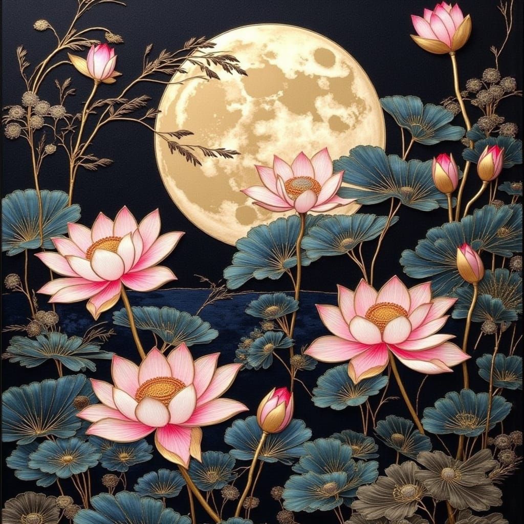 large lotus flower, lake, moonlight shiny dark silk background