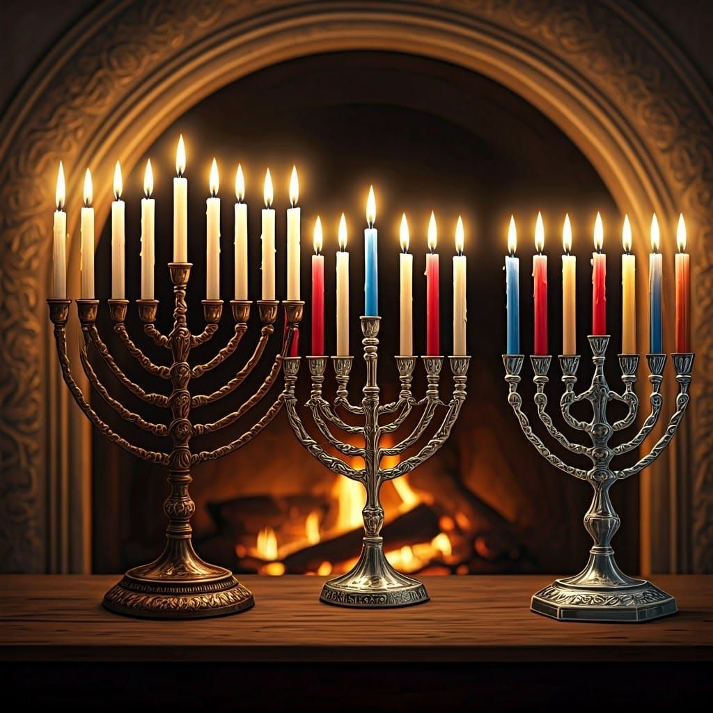 Hanukkah Celebration Illuminated by Warm Menorahs in a Cozy....