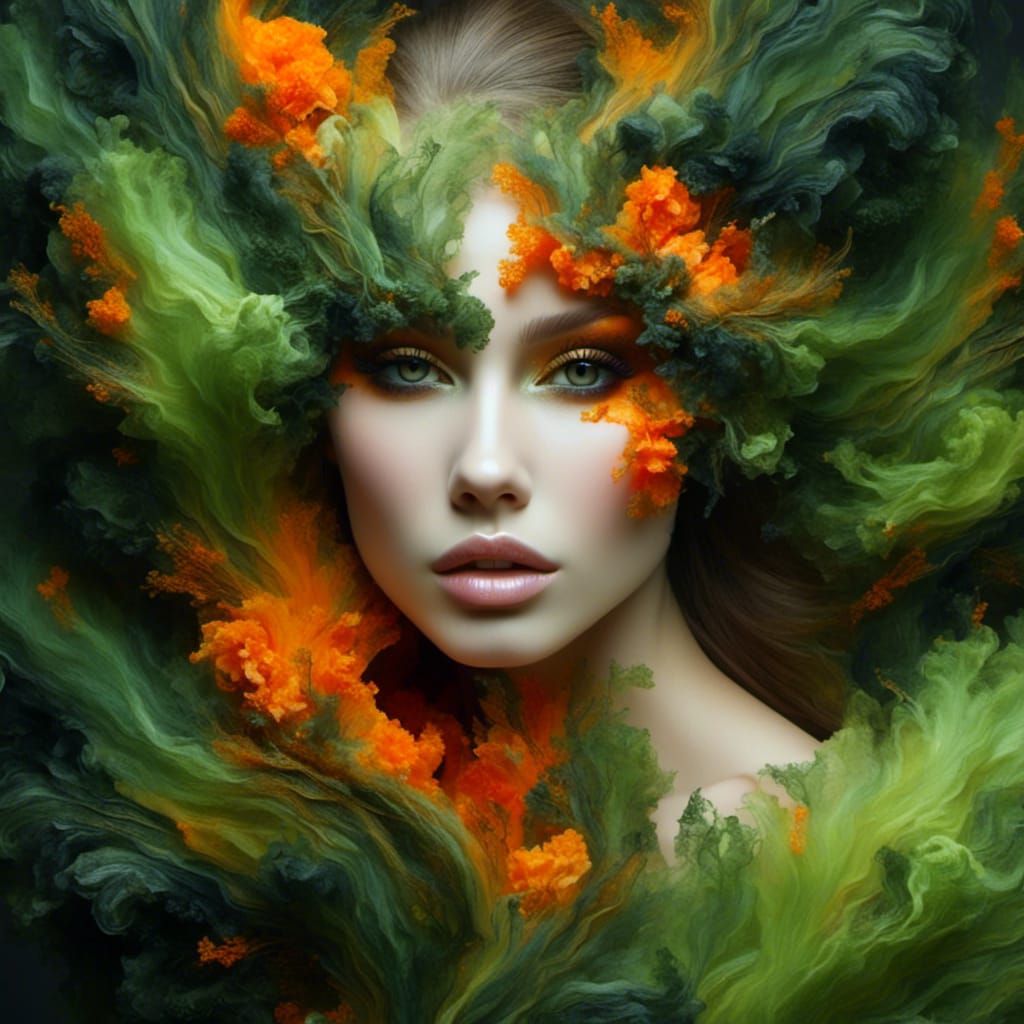 <lora:SSS:0.8> <lora:Wax Impasto:0.7> <lora:Steambeauty:1.0> green and orange