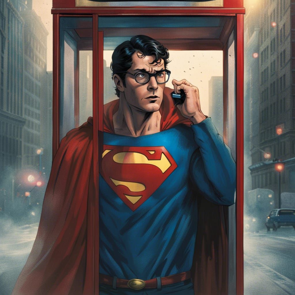 Clark Kent changing into Superman in a phone booth. AI Generated
