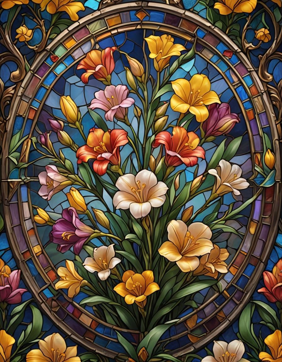 traditional stain glass round, small vibrant freesia flower ...