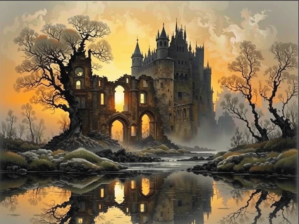 The towering ruins of a hauntingly beautiful abandoned castle reflected in the river