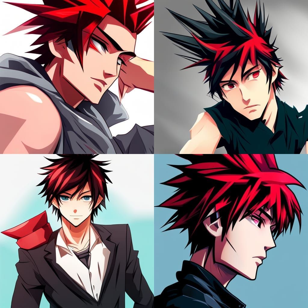 Anime guy with black and red spiky hair, teenager