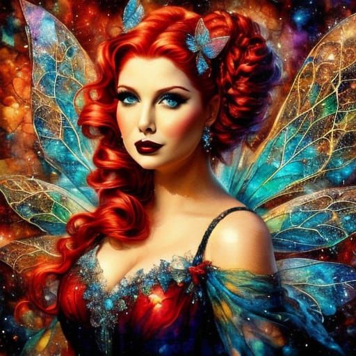 <lora:My face v8 2nd try:0.7> as Lucille Ball with Fairy Wings: A Plus Size Fairy (wearing 1950 V-neck A-line Dress): with Cherry Red Hair i...