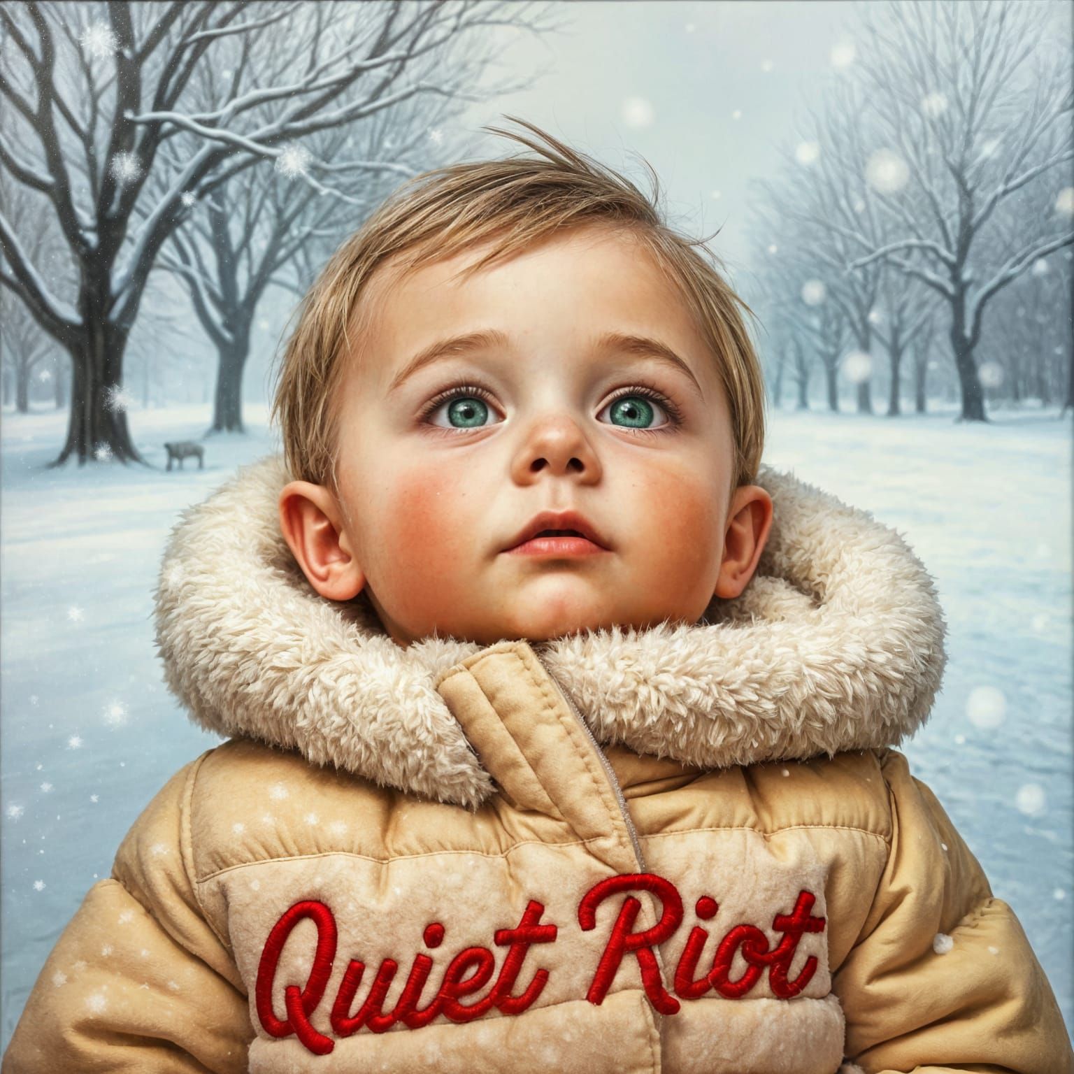 Child in Snow with Fluffy Jacket: Oil Painting