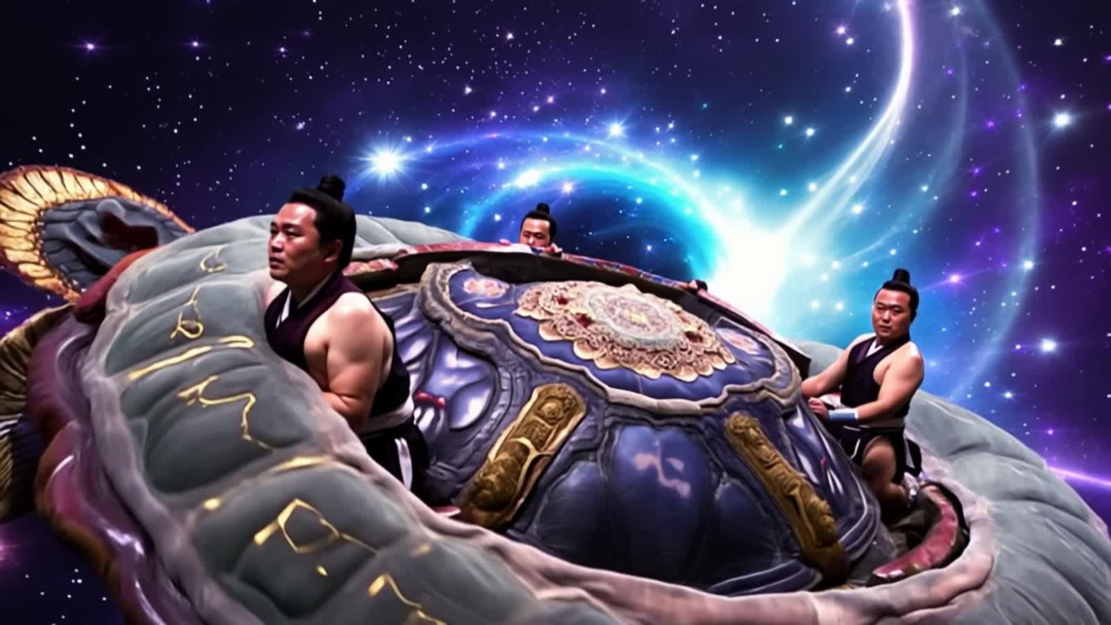 A surreal scene of sumo wrestlers attempting to fly a giant, ornate turtle through a nebula. The background is a swirlin...