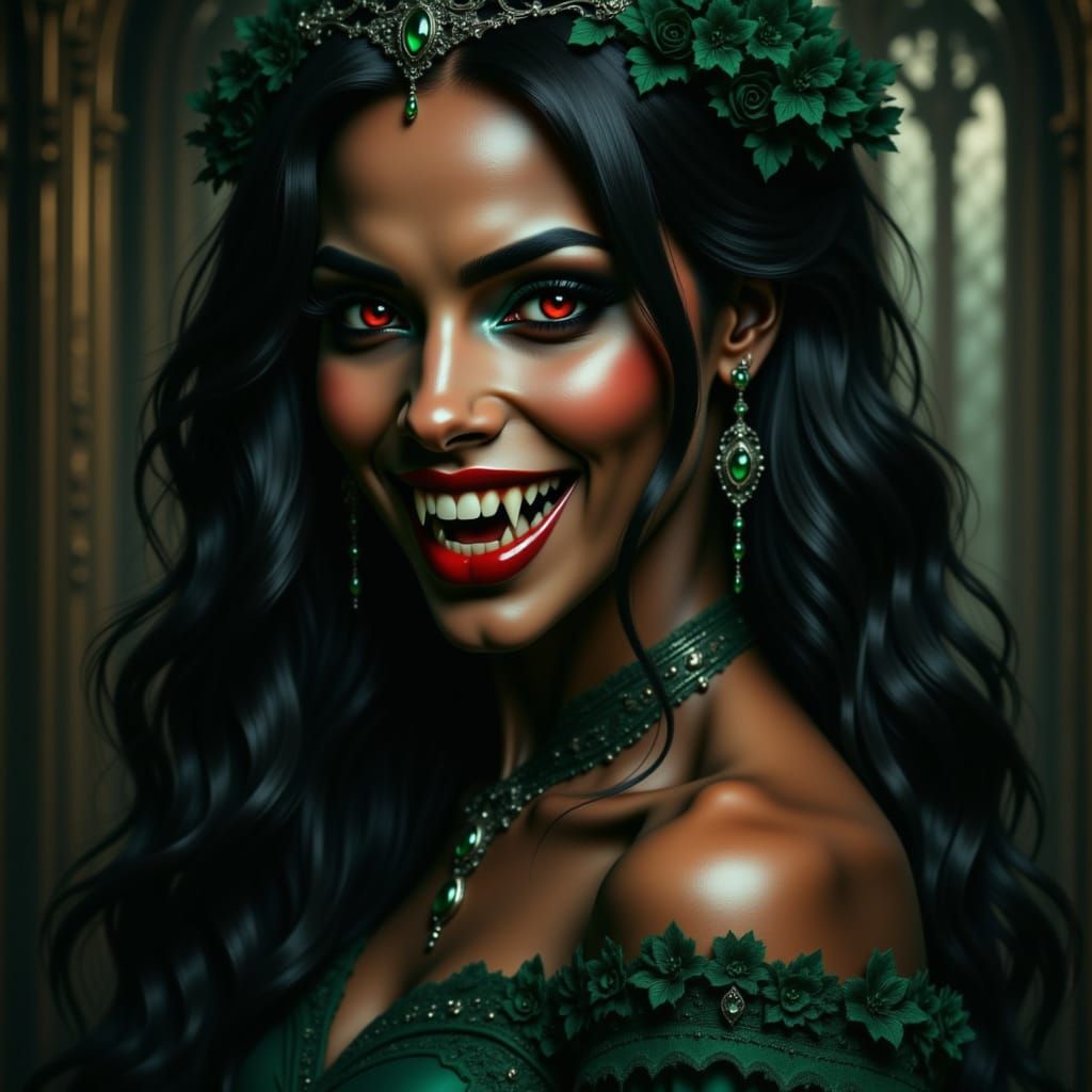 A beautiful black vampire woman with fangs. Her gown is embroidered emerald green.  Vampire in the style of fangs.  <lora:Elitest Vampires:1...