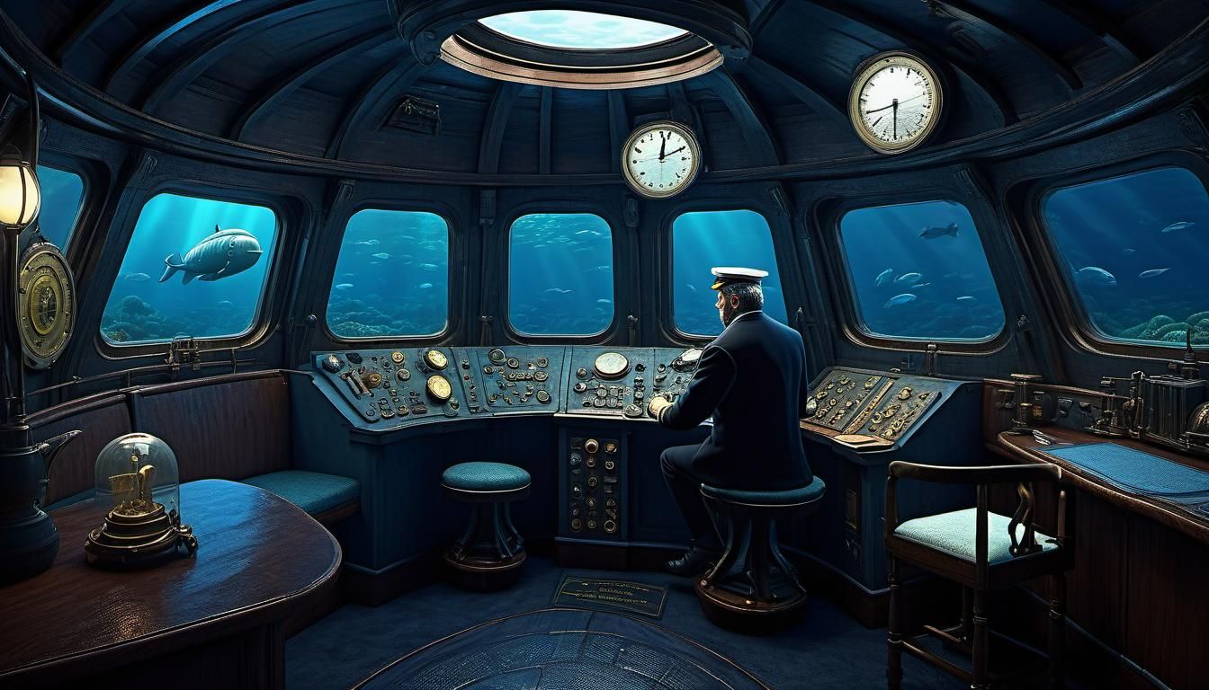 naval captain in the main cabin of a jules verne/captain nemo/nautilus ...