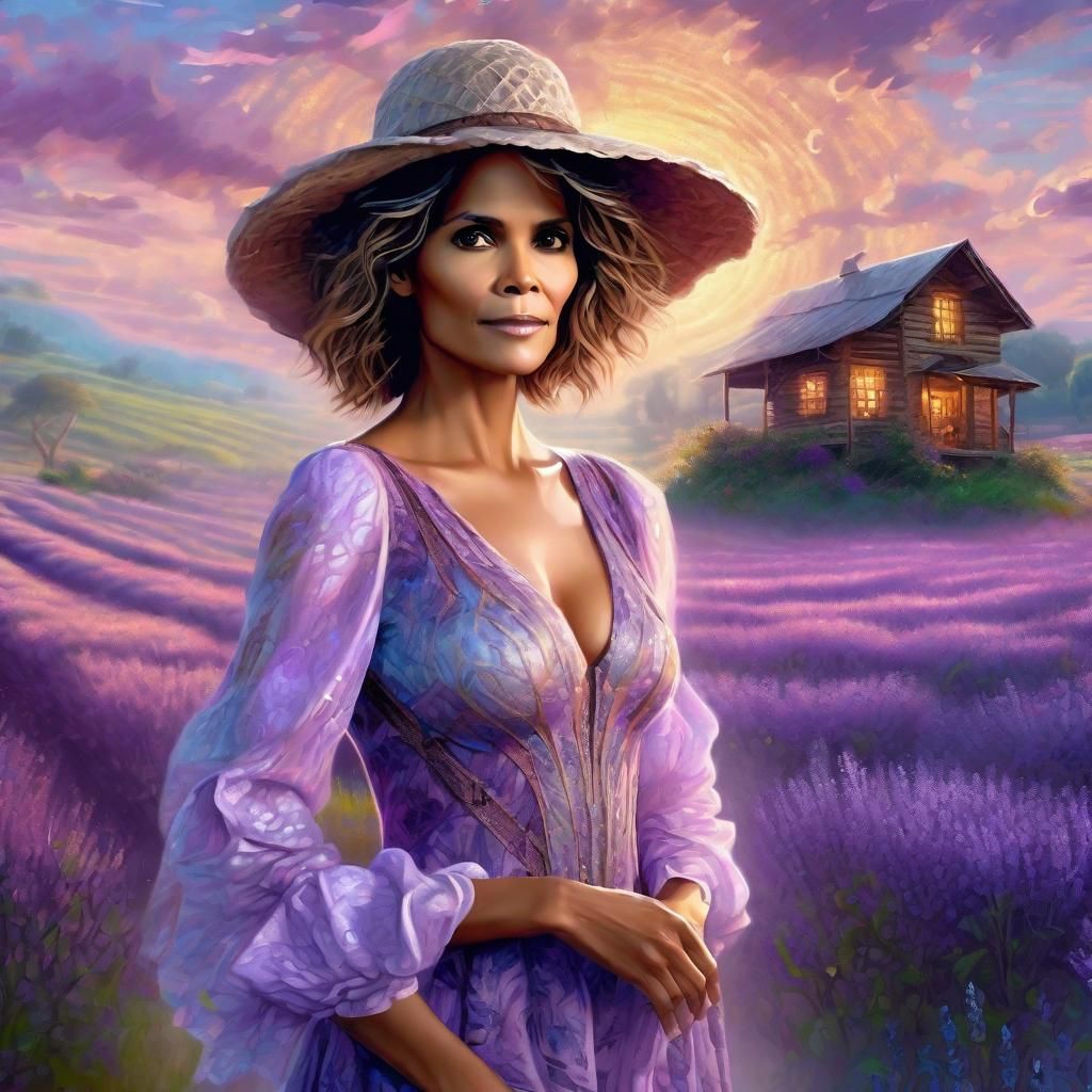 Halle Berry in a lilac printed sensual dress, Strawhat, Lave...