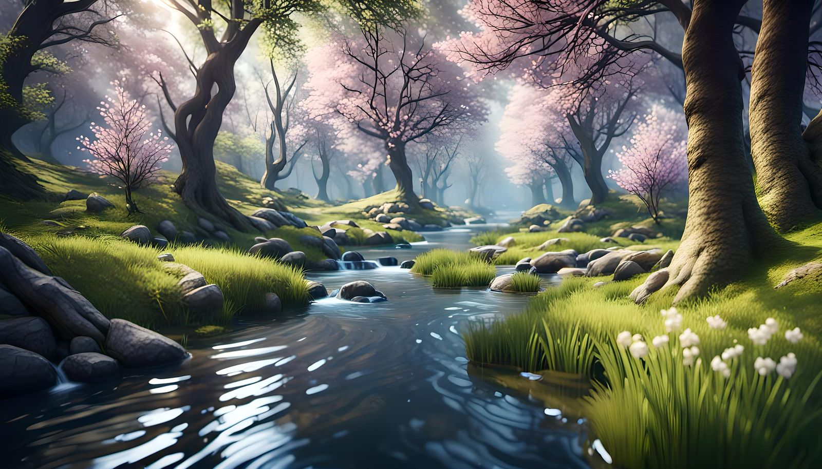 #video - Spring landscape, a calm stream flowing between trees