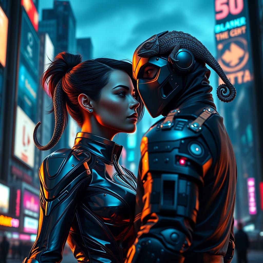 Cyberpunk Heroine Confronts Thief in Dazzling Cityscape