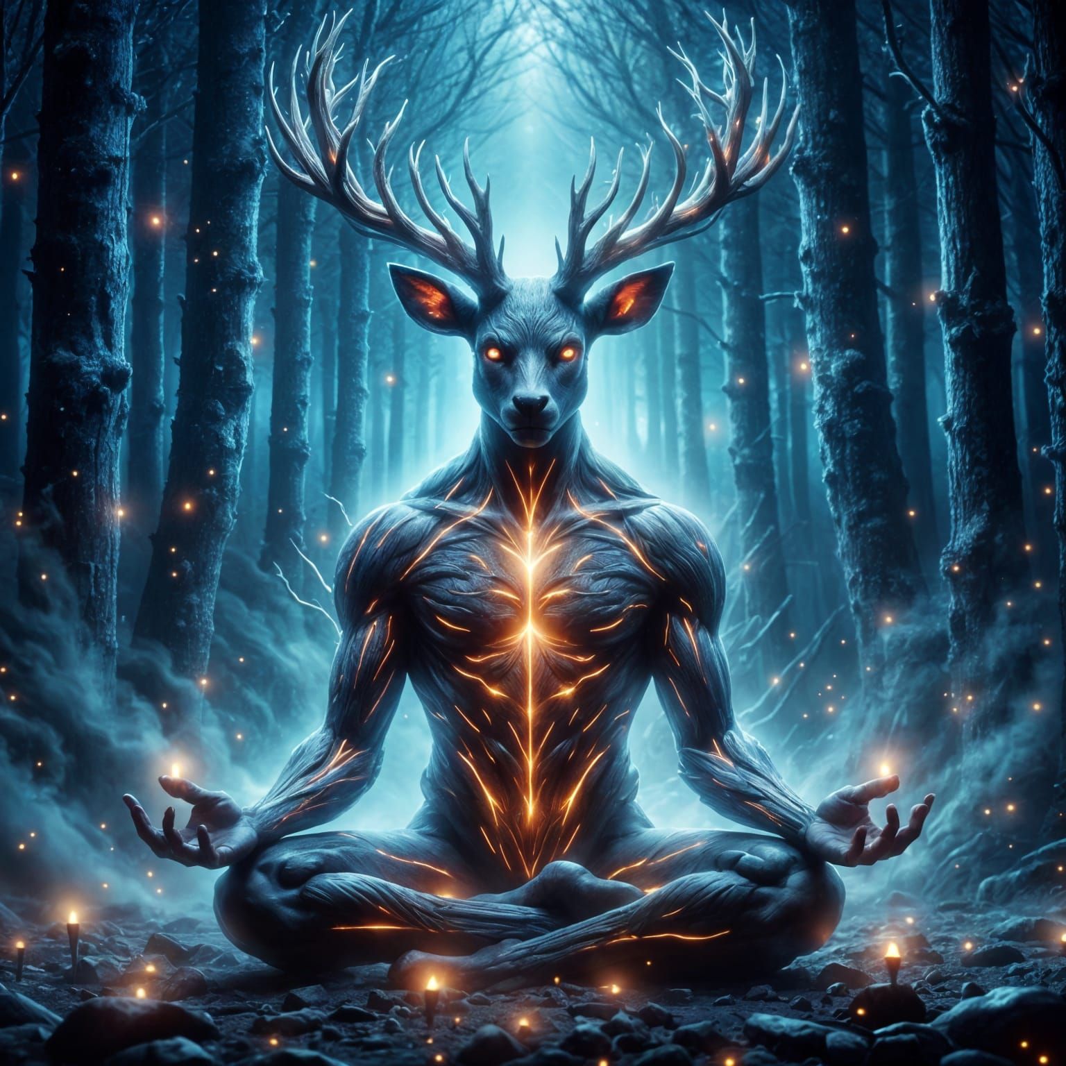 Bioluminescent Deer Meditating in Enchanted Forest