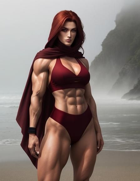 A beautiful muscular women with dark red hair,shrouded only ...