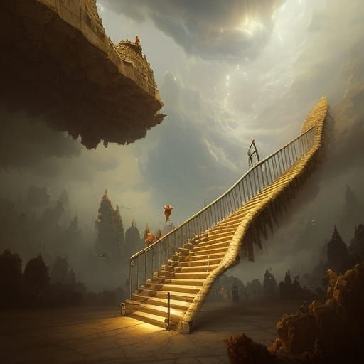 Floating staircase surrounded by clouds, Darek Zabrocki, Gil...