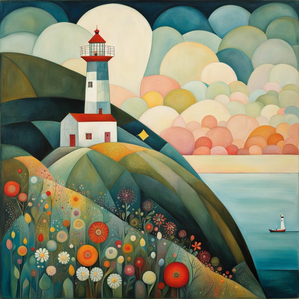 Lighthouse on a steep flowering cliff, by Anna Silivonchik, ...