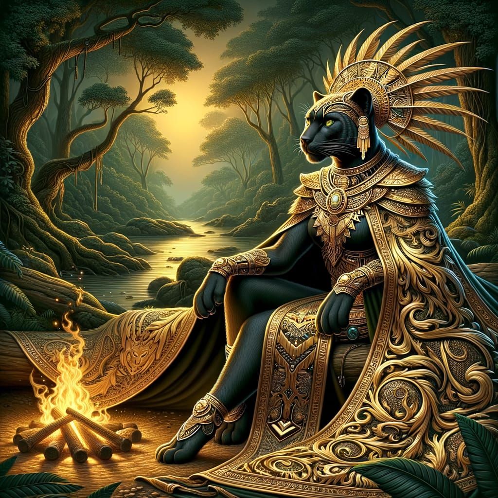 anthropomorphic female panther Aztec warrior, standing by a campfire in the jungle, wearing a cape, golden outlines, highly detailed, intric...