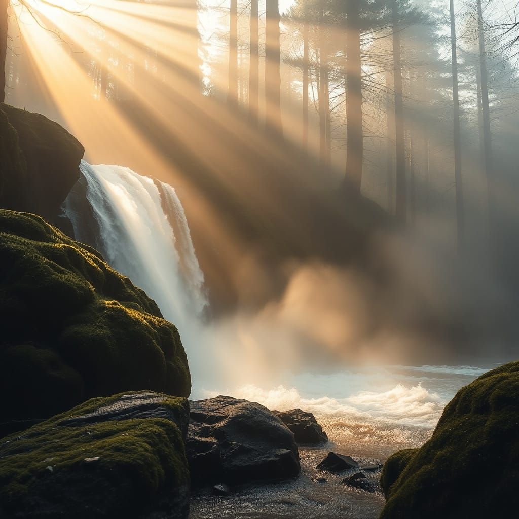 Photo-realistic scene of a foggy morning by a waterfall deep in a forest, mist gently rising from the ...  by @Heidi B