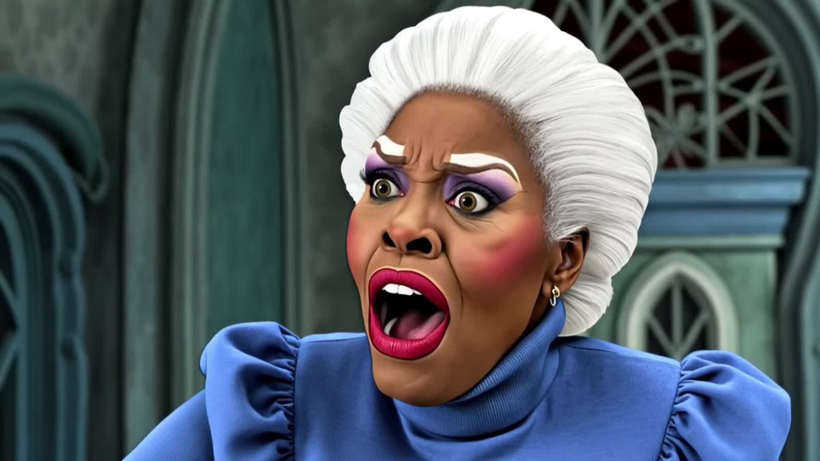 A funny cartoon of an angry older Black woman with white hair wearing a blue sweater in the style of Tim Burton, in a hu...