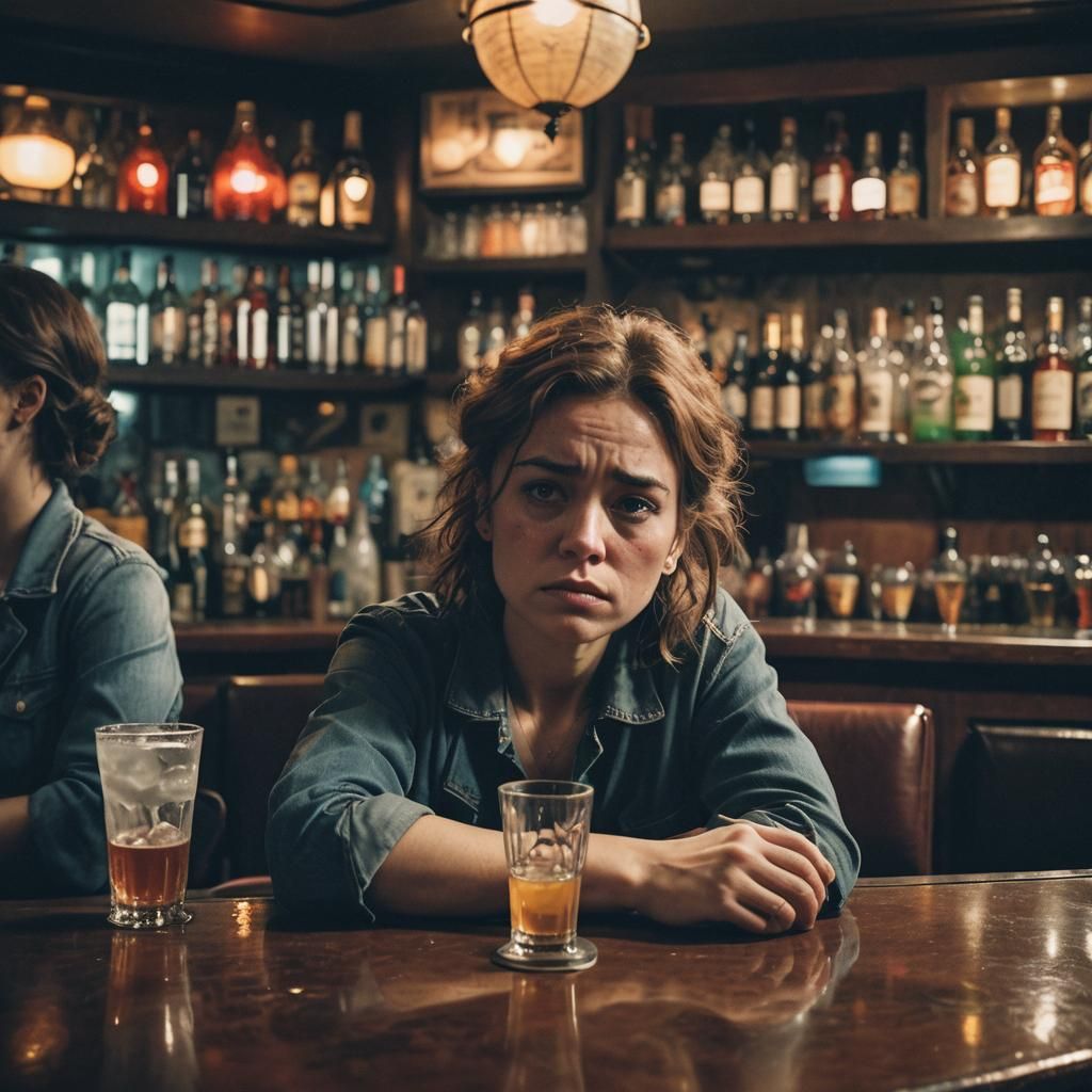 a women sitting sad in a bar with  drinks up in and her head...
