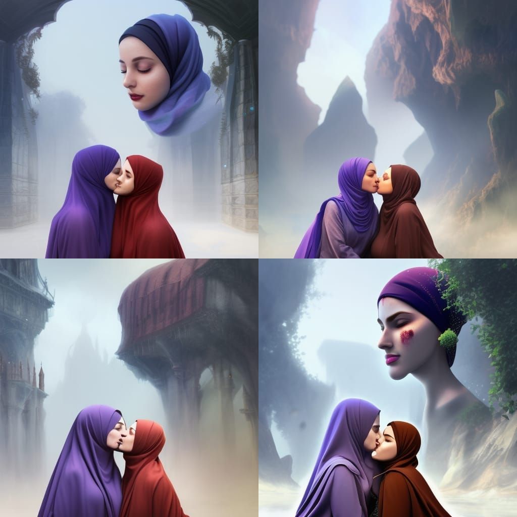 Two women in Hijabs kiss each other