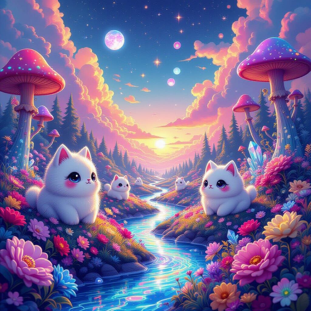 Vibrant psychedelic landscape, floating whimsical creatures from the Whimsy Codex, candy-colored fractal rivers and crystal forests, tiny ga...