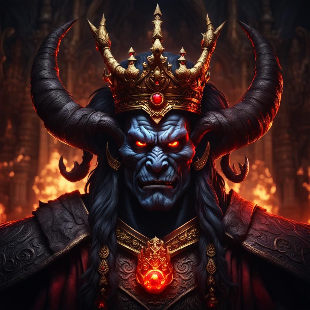 head and shoulder portrait of a majestic evil oni king with ...