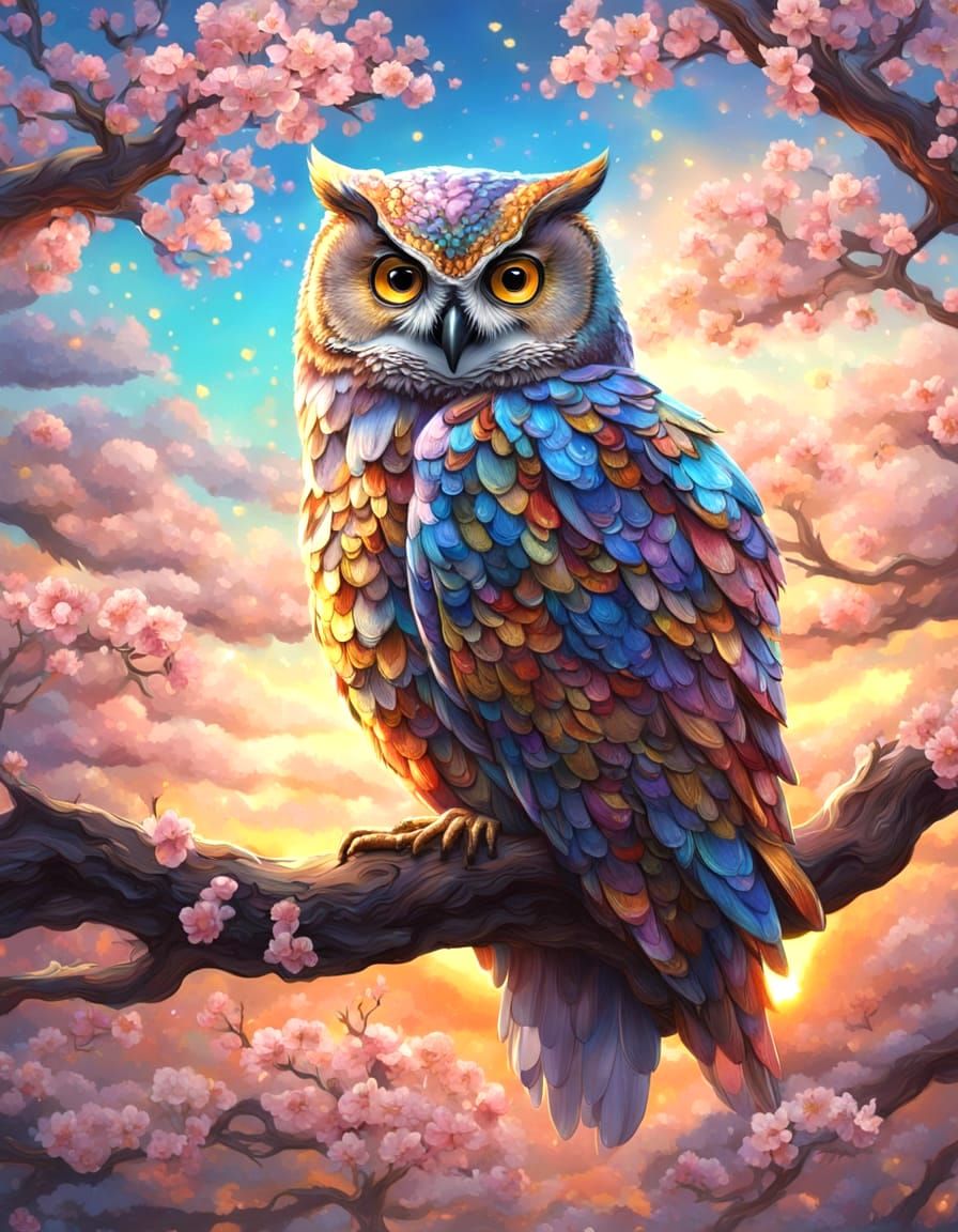 Impasto painting of a colorful owl.  by @Ylona