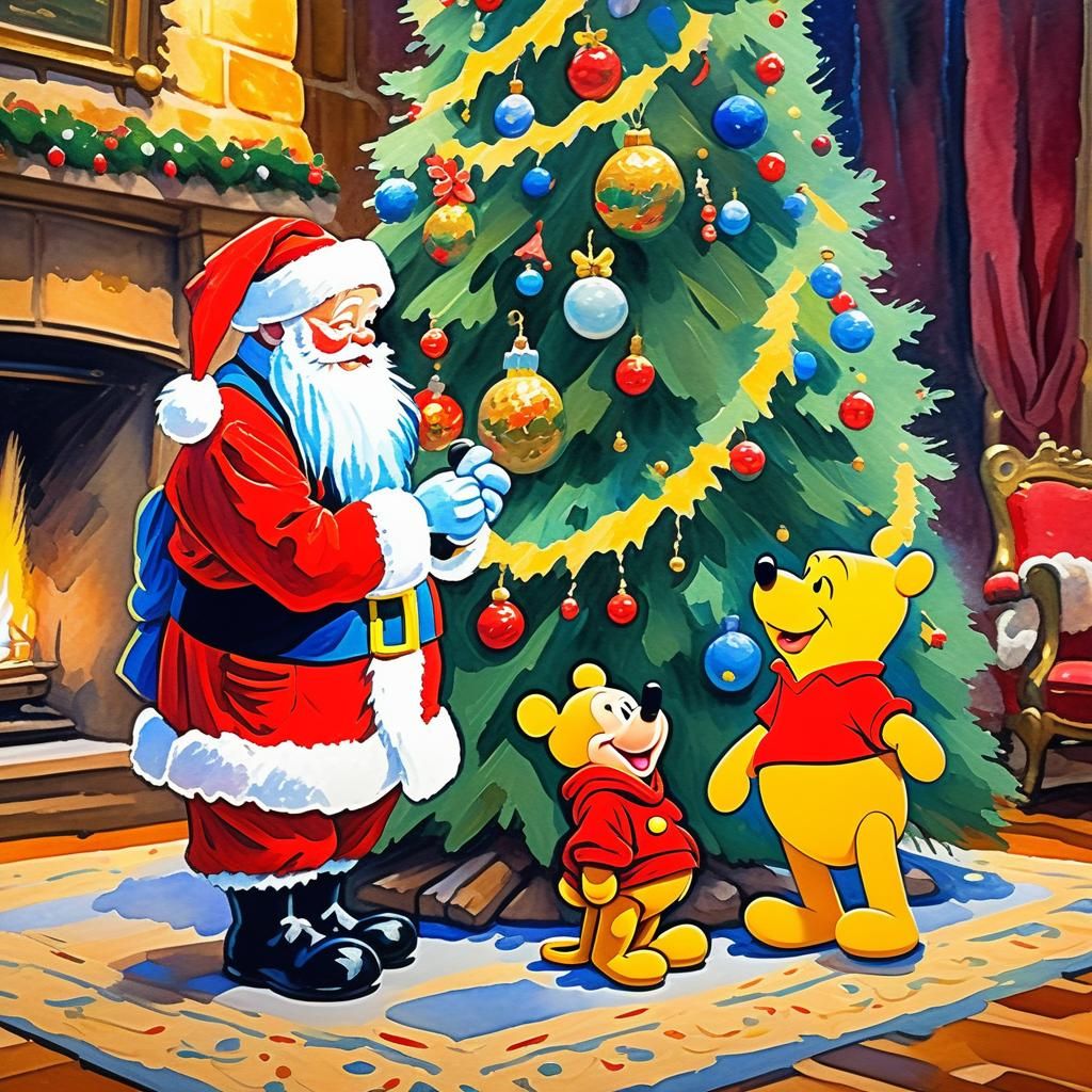 Santa Claus with Winnie the Pooh Mickey Mouse in front of th...