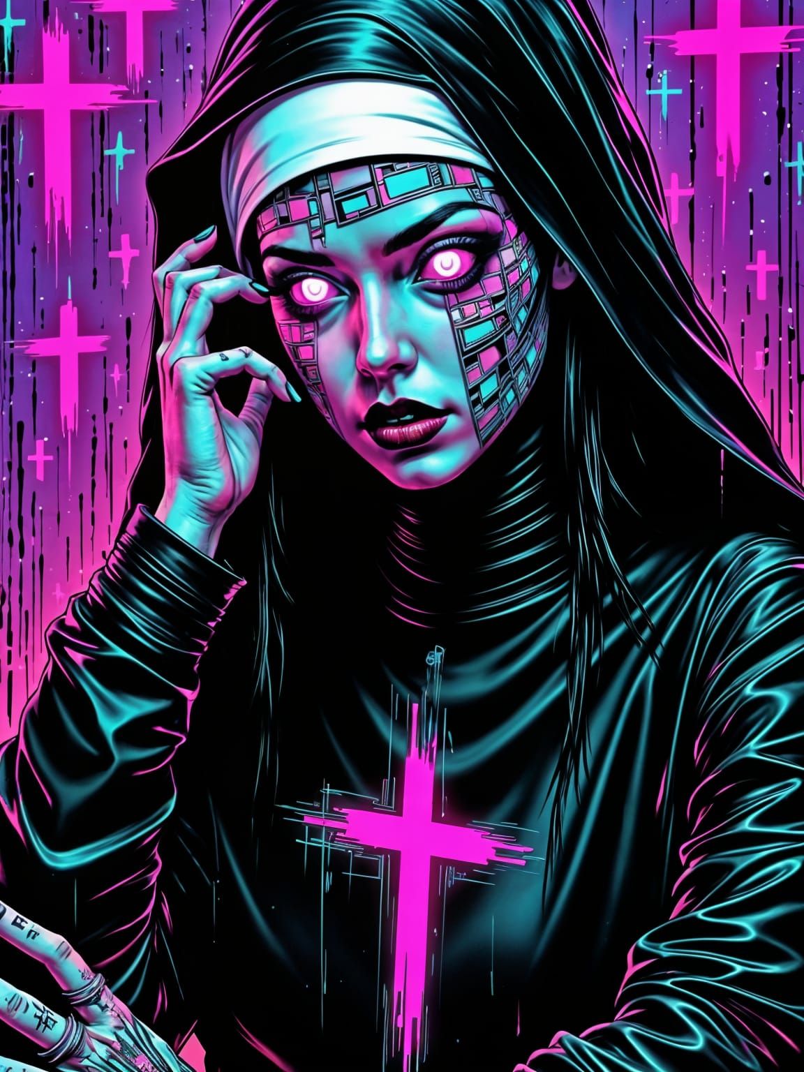 envision a portrait of a spectral gothic nun, her face fragmented into a mosaic of digital glitches and distorted pixels. Her eyes glow with...