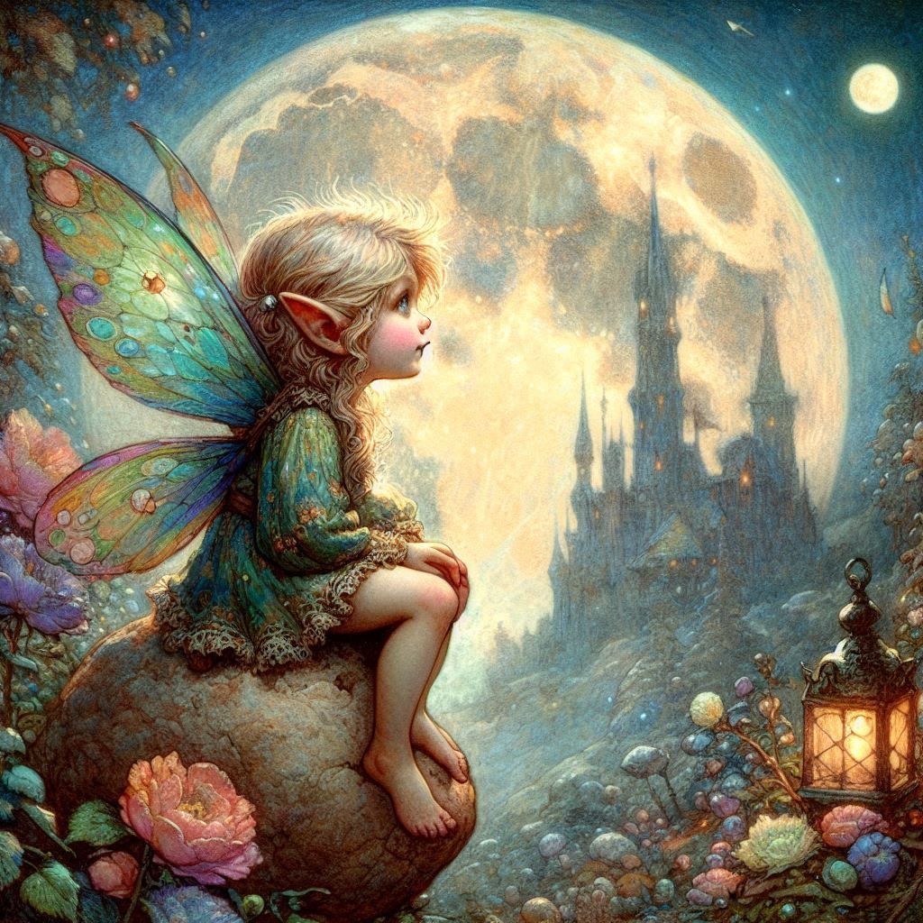 Renaissance painting of a pixie and the moon.