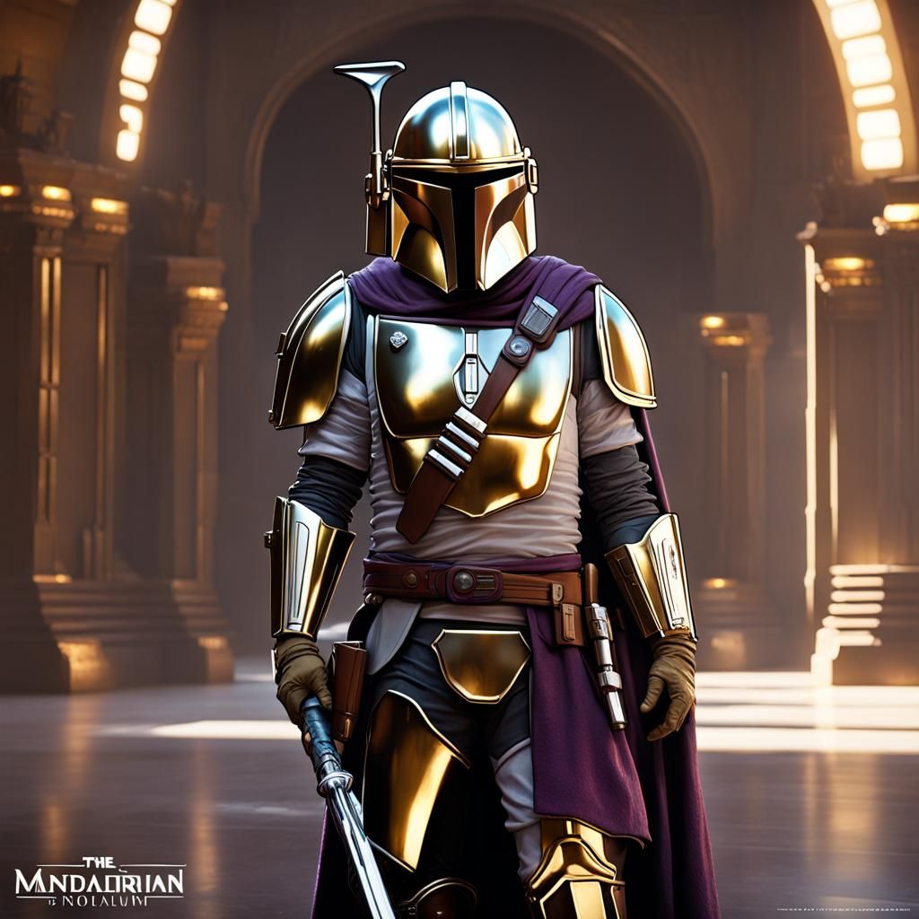 The Mandalorian Din Djarin, gold and silver armor, yeilding a gold