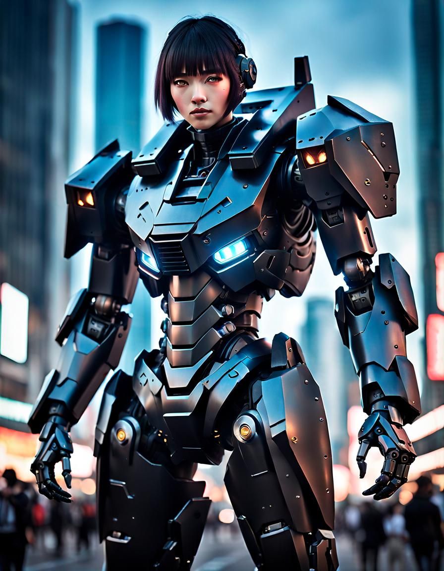 a woman with black armored uniform