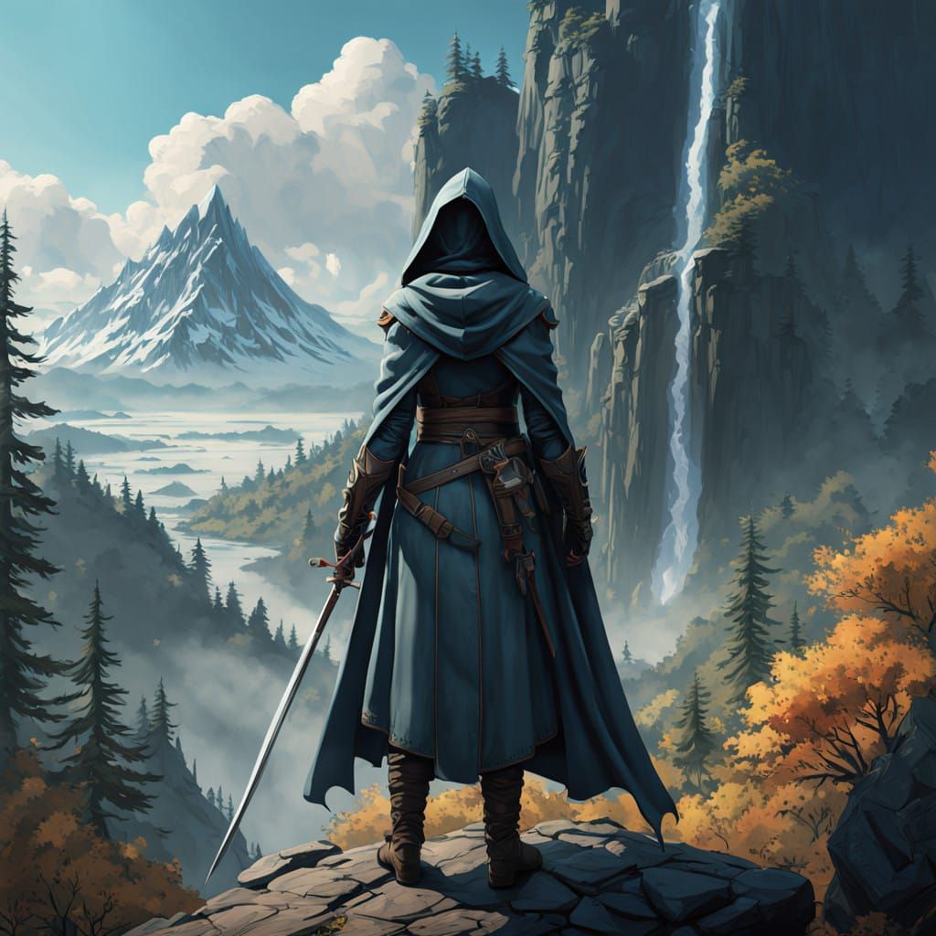 Mystical Warrior Goddess Amidst Shimmering Waterfalls and Lu...