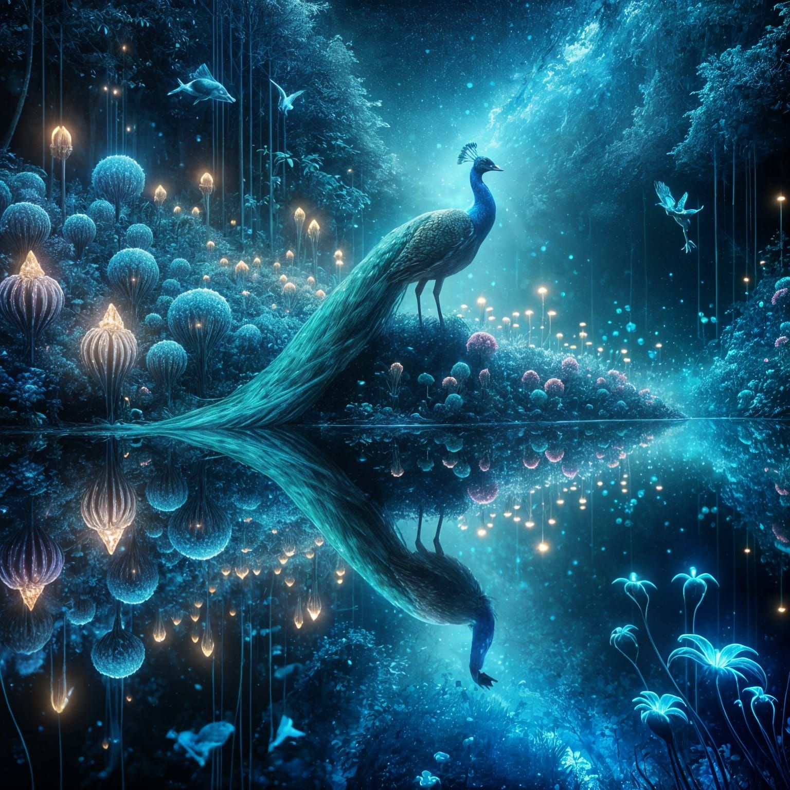 A surreal scene depicting a peacock standing on the surface of a dark, mirror-like lake, its reflection ...  by @KomBib
