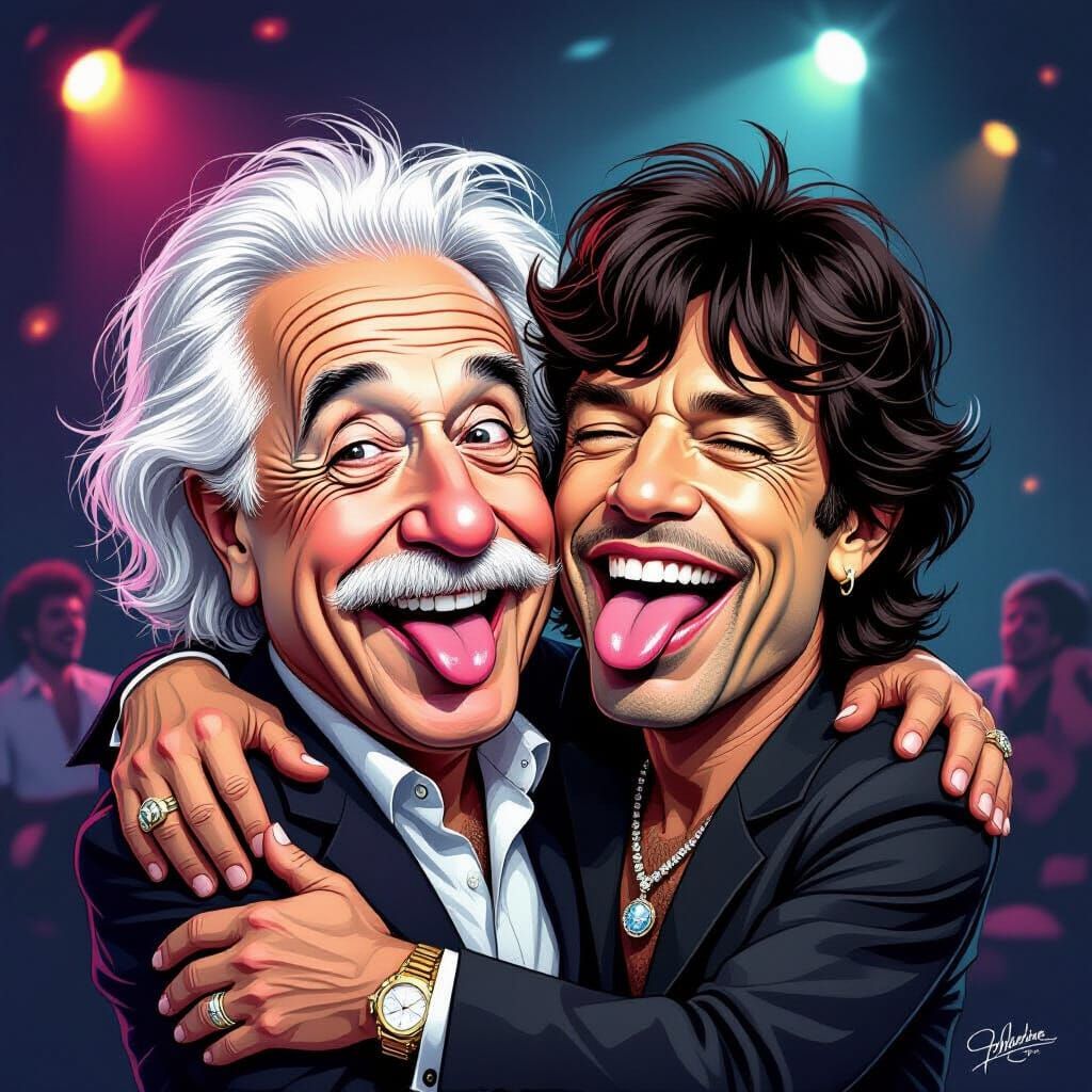 Albert Einstein with Mick Jagger at a Rolling Stones concert    by @Yiu