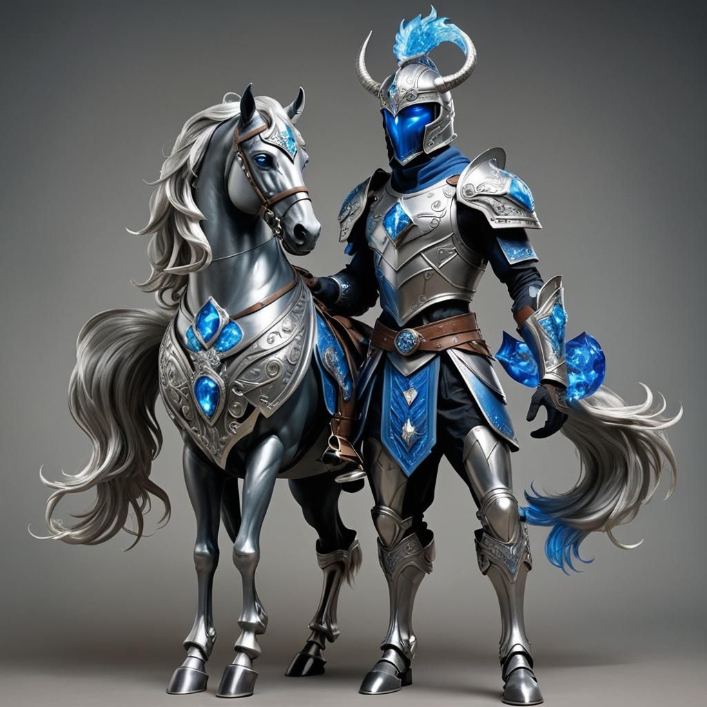 A majestic, blue and silver centaur-inspired costume with a ...
