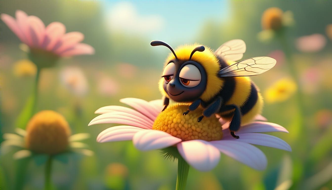 Pixar animation, A very sleepy bumblebee rests on a flower, his eyes start to close.  His heads bobs as he catches himself falling asleep.