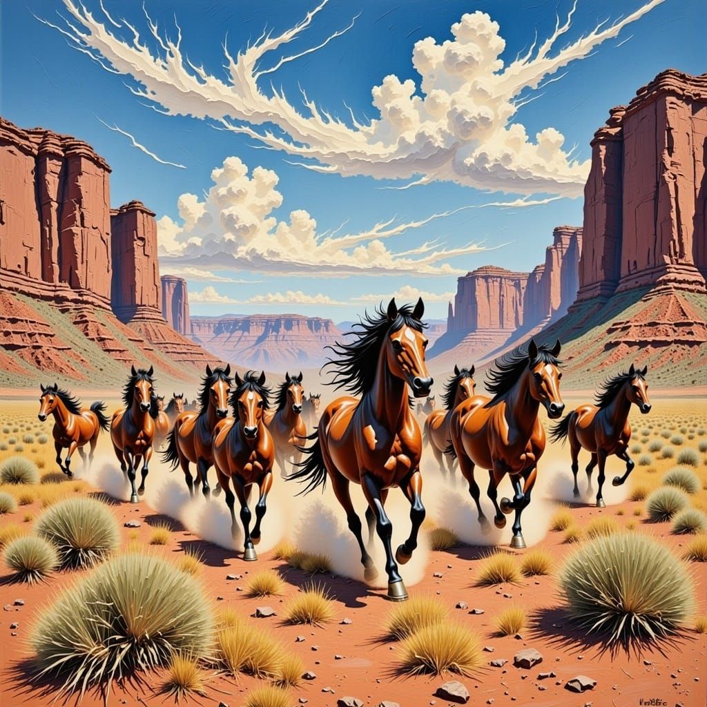 Wild Mustangs Galloping in the Southwest <lora:Impasto Paint:1.0> 