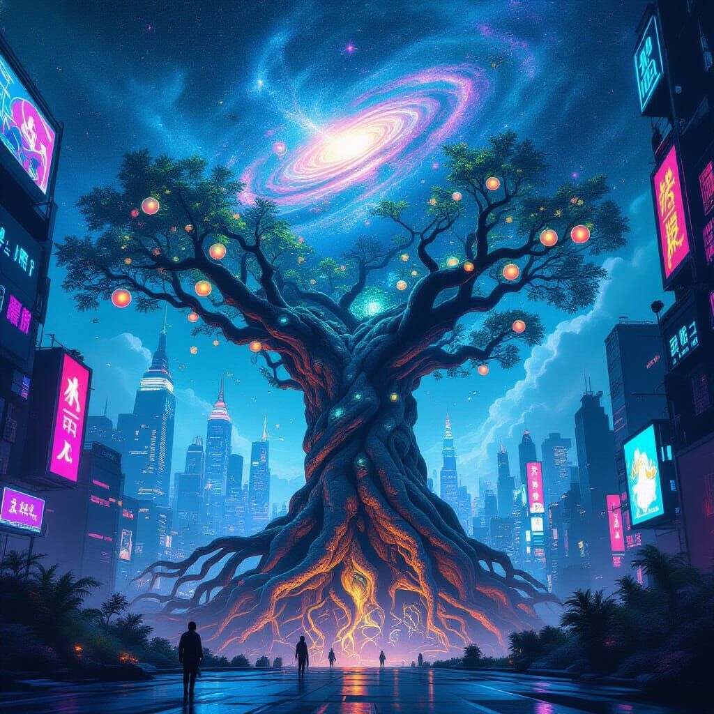 A colossal, ancient tree roots itself into a neon-drenched cyberpunk metropolis. Its branches, laden with glowing celestial fruits, twist up...