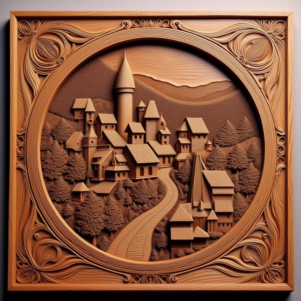 A wooden relief carving of a quaint town on a square mount with intricate designs carved around the edges<lora:Wooden:1.0>