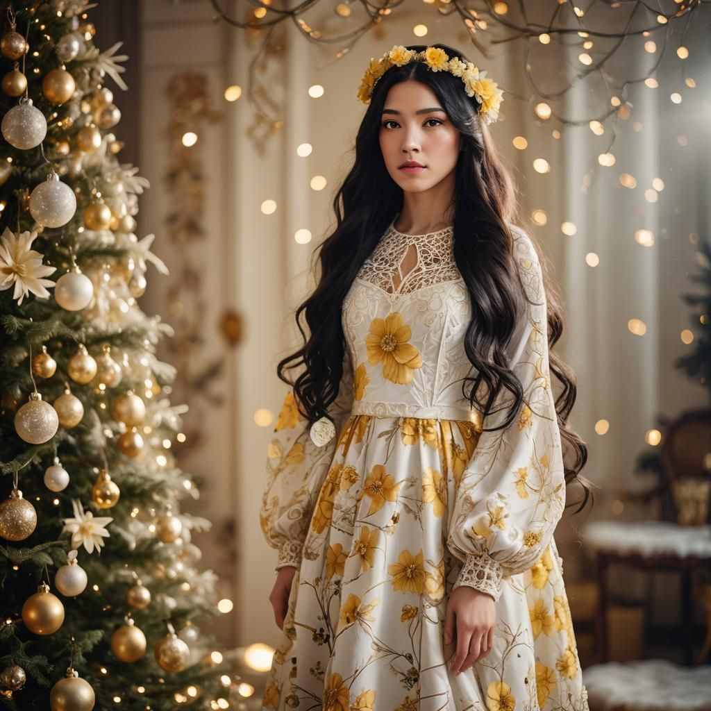 Jugendstil girl with long black hair in flower white yellow ...