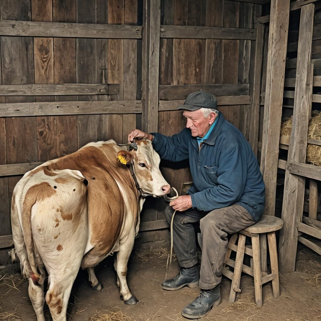 A old man milking a cow by hand while sitting on a stool ins...