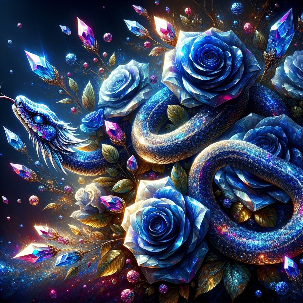 "A Crystal Snake Near Blue Glittering Roses"