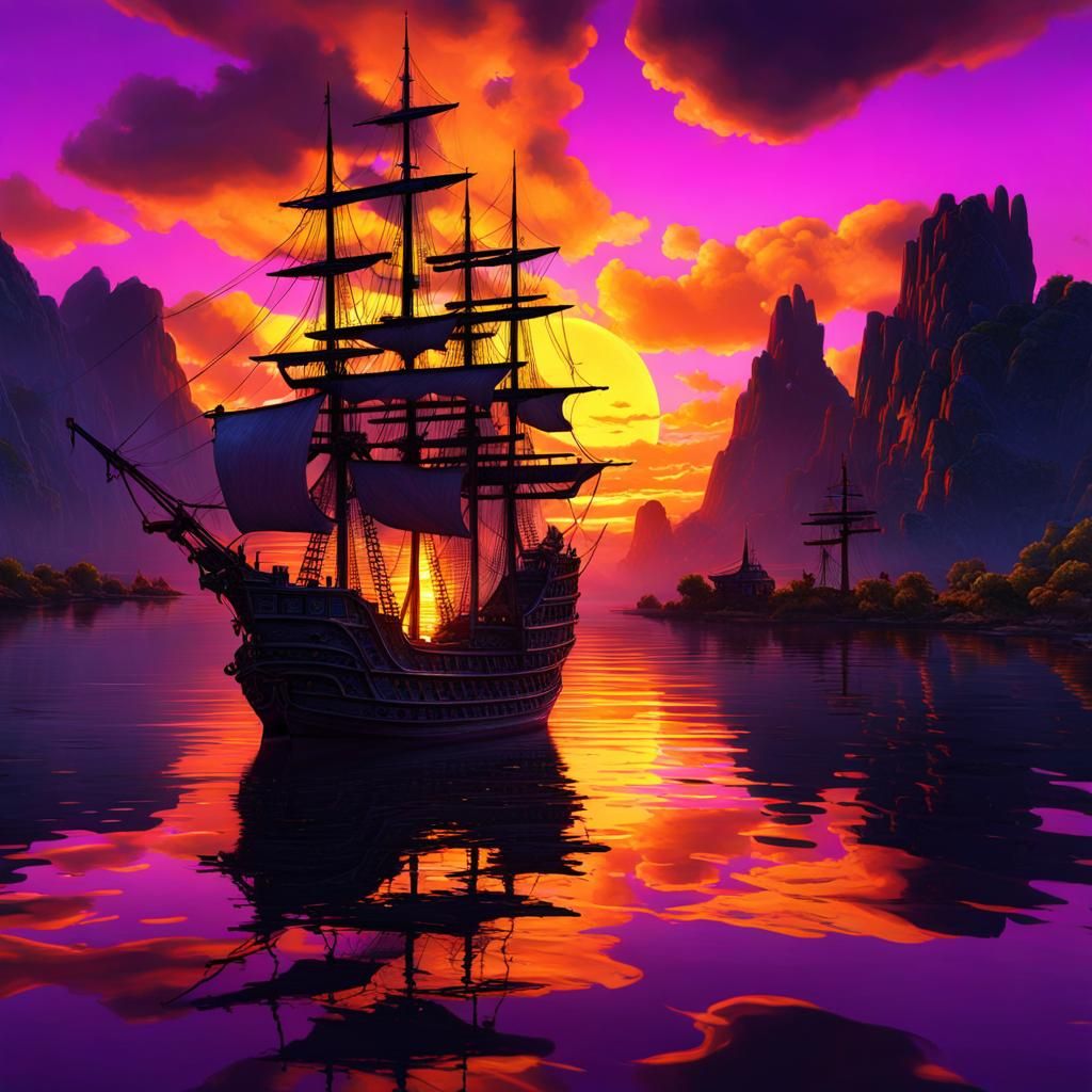 Multi color Sunset, reflection of pirate ship and sky on the...