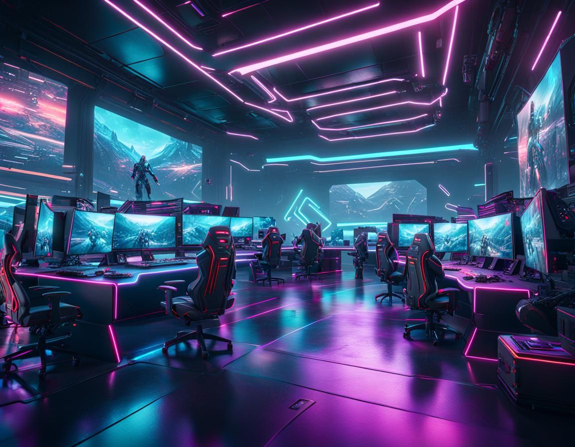 Futuristic PC gaming hall, lots of people playing computer games - AI ...