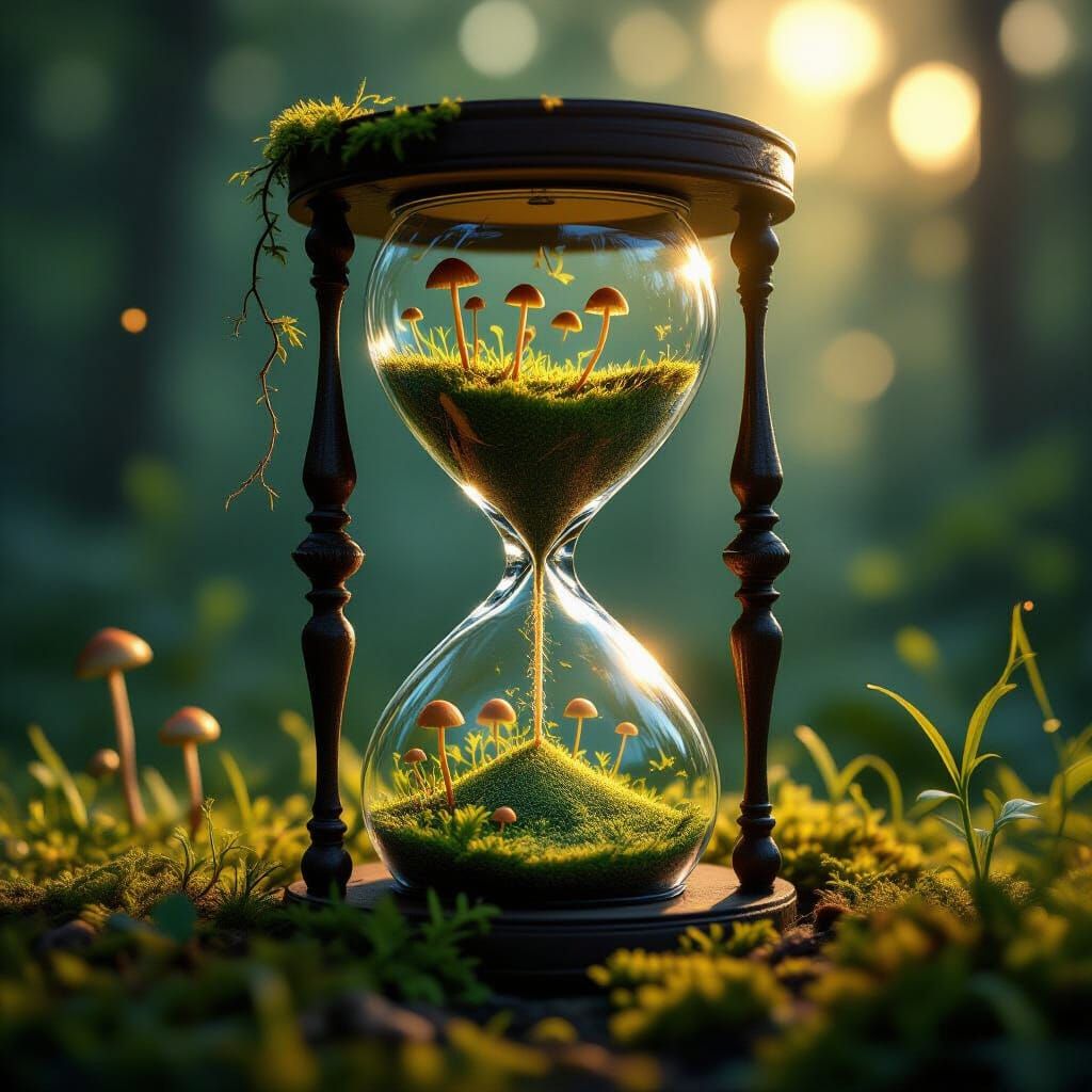 A cracked hourglass filled not with sand but with living grass and tiny mushrooms, roots twisting along the glass walls, a soft golden glow ...